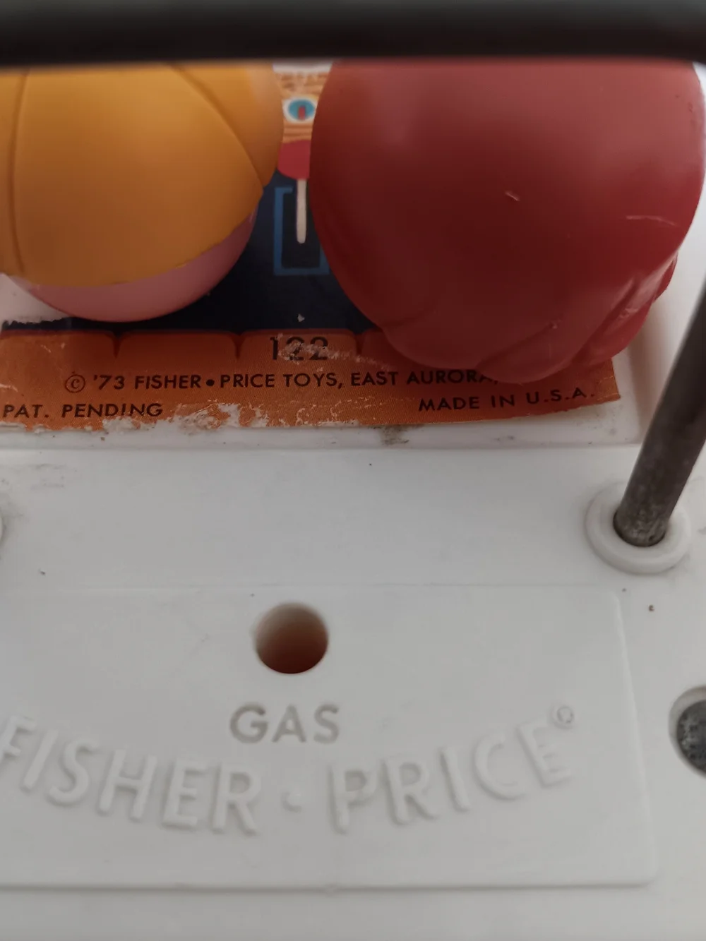 Vintage 1973 Fisher-Price Bouncing Buggy Pull Toy - White, Red & Blue